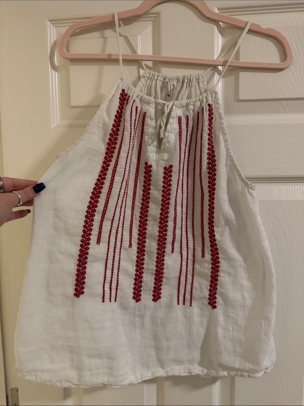 Elan White Linen-Blend Halter with Red Embroidery